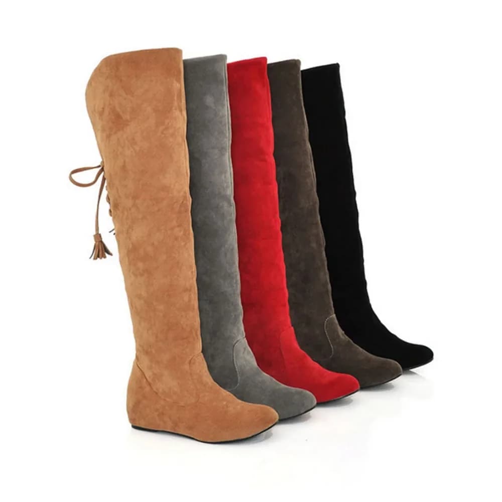 Bottes Sexy en Faux daim pour femmes, bottes plates et chaudes au dessus du genou, cuissardes hautes confortables à lacets, chaussures d'hiver de