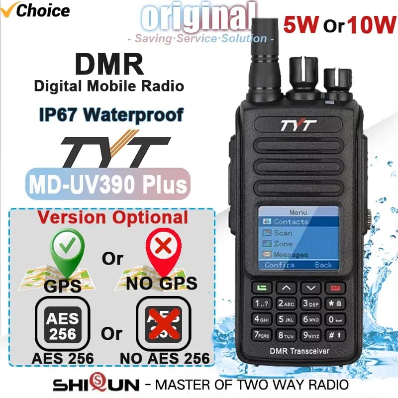 TYT MD-UV390 Plus DMR talkie-walkie numérique 5W/10W GPS AES256 cryptage en option IP67 étanche VHF UHF 3000 LCD MDUV390 Radio