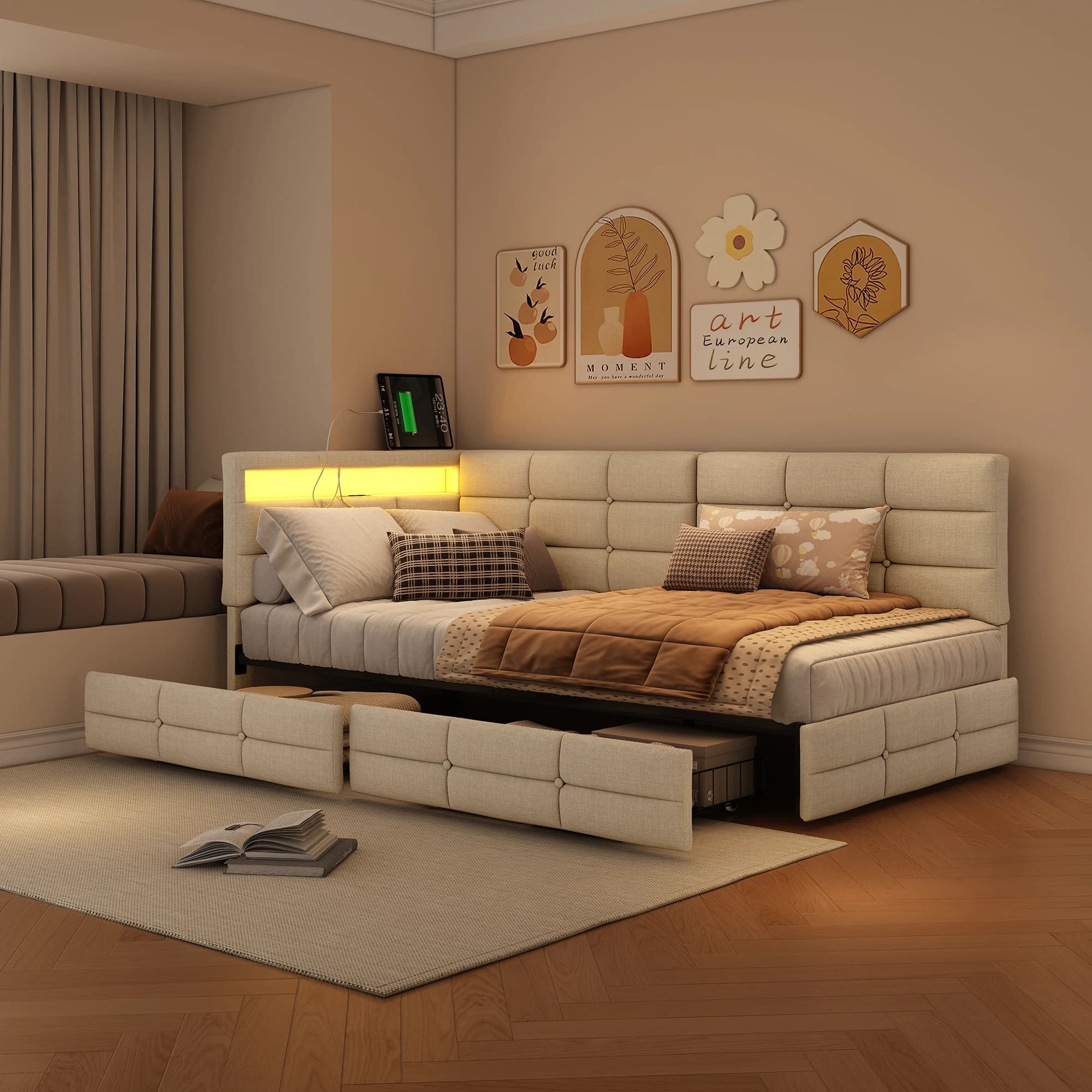Canapé-lit rembourré Fangange 90x200cm avec 2 tiroirs, lit simple, lit pour jeunes avec LED et station de charge USB, sans matelas