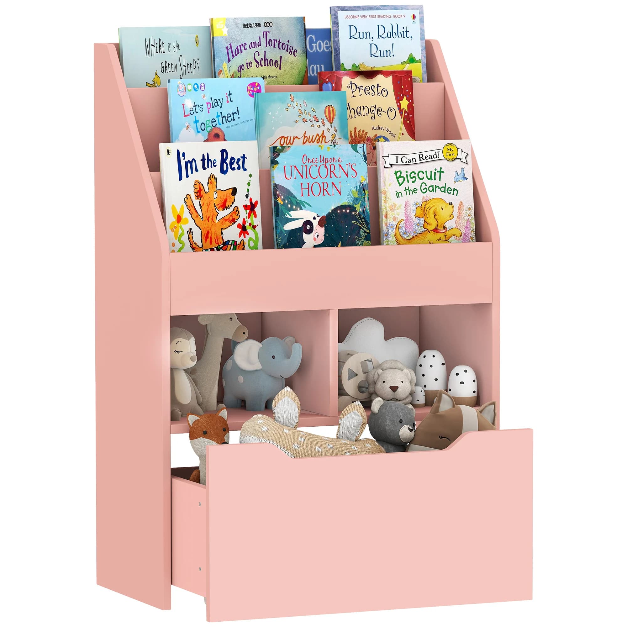 HOMCOM Bibliothèque étagère Multi-Rangement 3 étagères 2 niches Grand tiroir en bois Rose