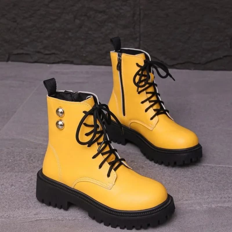 Bottines de moto à lacets en cuir verni pour femme, bottines courtes à talons épais avec fermeture éclair, talon carré léger, nouvelle