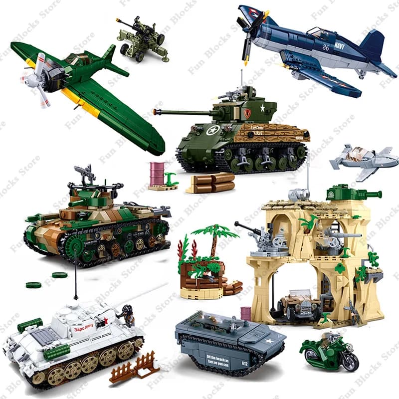 Bataille d'Iwo Jima Seconde Guerre mondiale II – Ensembles de véhicules militaires, chars, avions de combat, camions, blocs de construction, armes