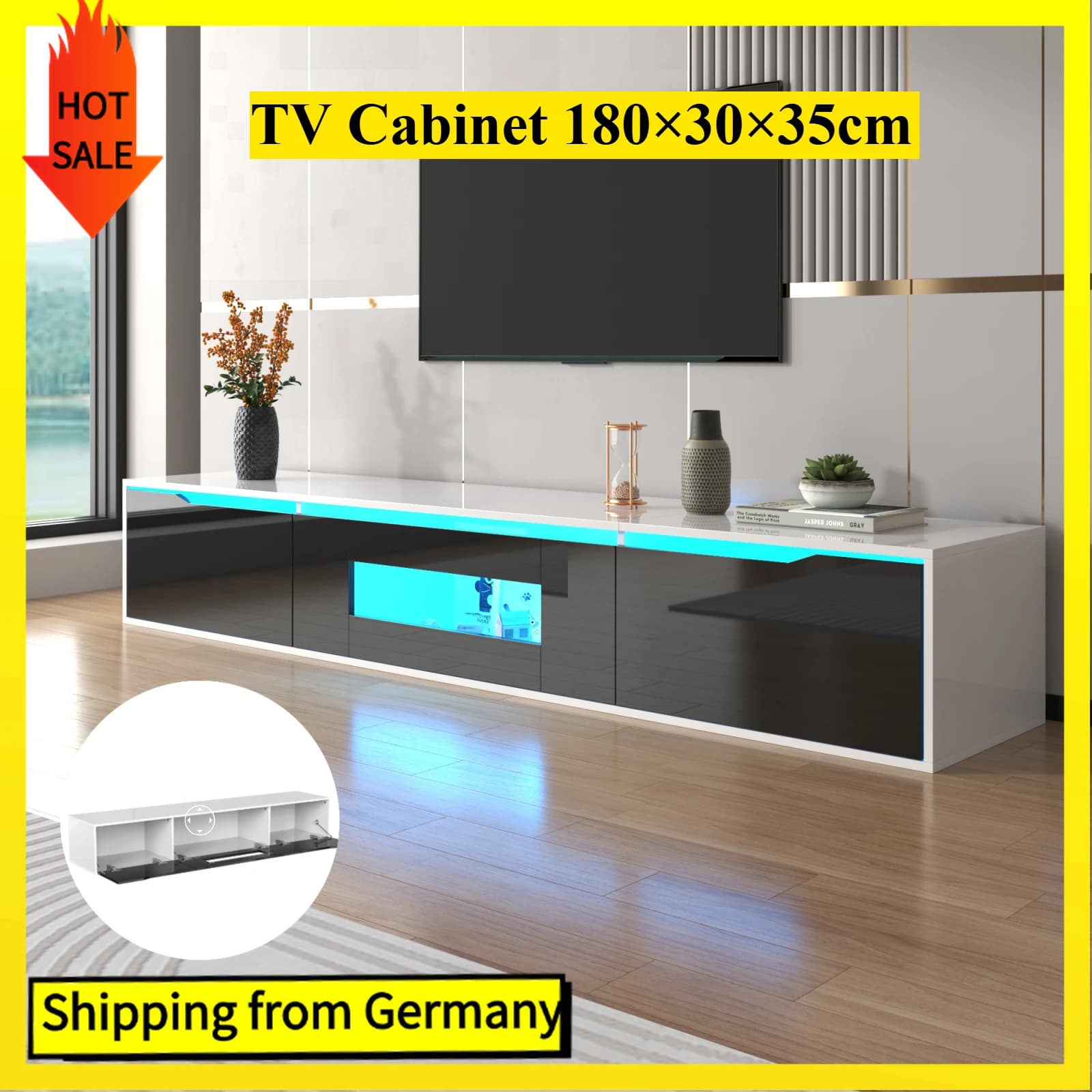 Comanlai Meuble TV brillant 180 cm avec éclairage LED à couleur changeante, supports TV pour salon, noir 180 × 30 × 35 cm