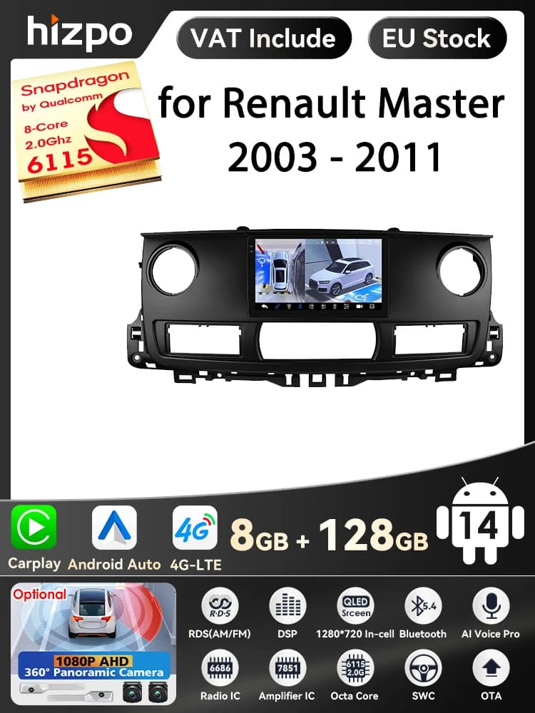 Hizpo-Lecteur vidéo de voiture Android Auto, Systèmes intelligents, 2 Din, Carplay, Radio, Limitation, 4G, GPS, Renault Master, 2003 - 2011