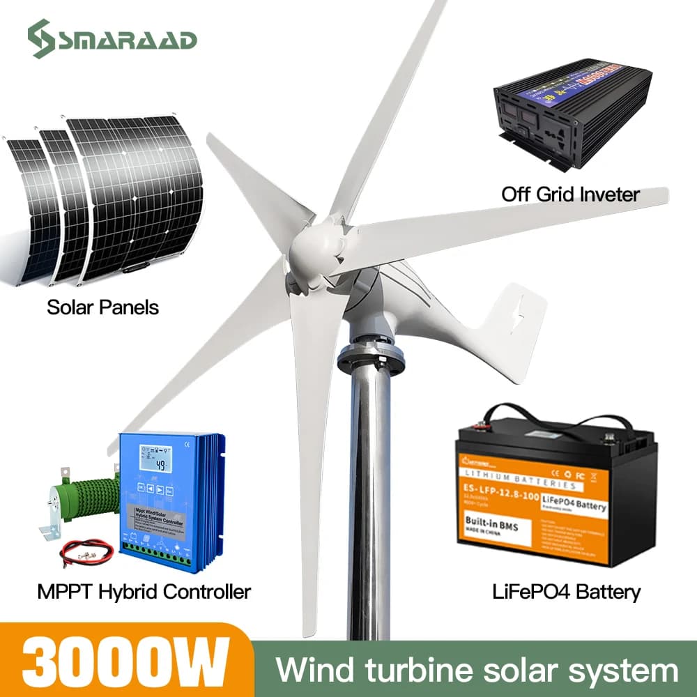 Turbine éolienne avec contrôleur MPPT gratuit, 3000W, 12V, 24V, 48V, système hors réseau, long panneau solaire, énergie gratuite, 220V pour la