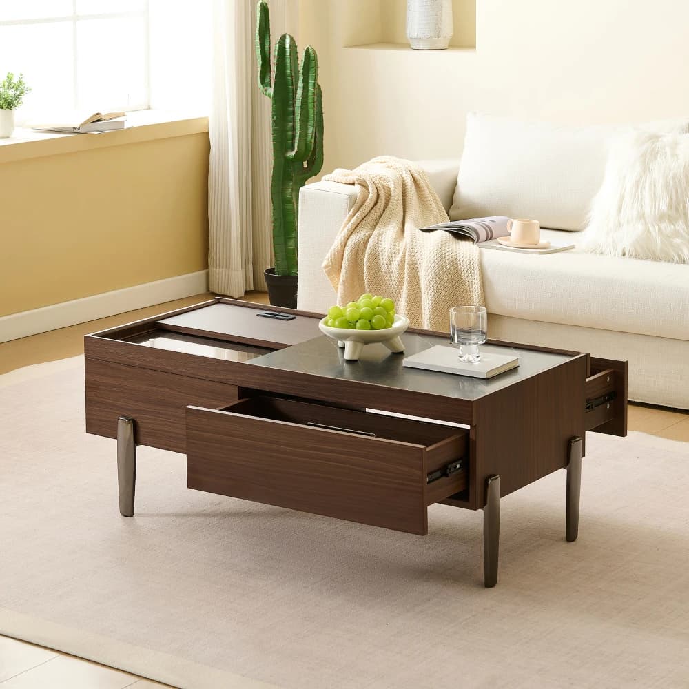 Table basse moderne 105 × 50 × 41,5 cm avec tiroirs et plateau en verre, sculpture sur bois en marbre optique, pieds en métal, table de canapé