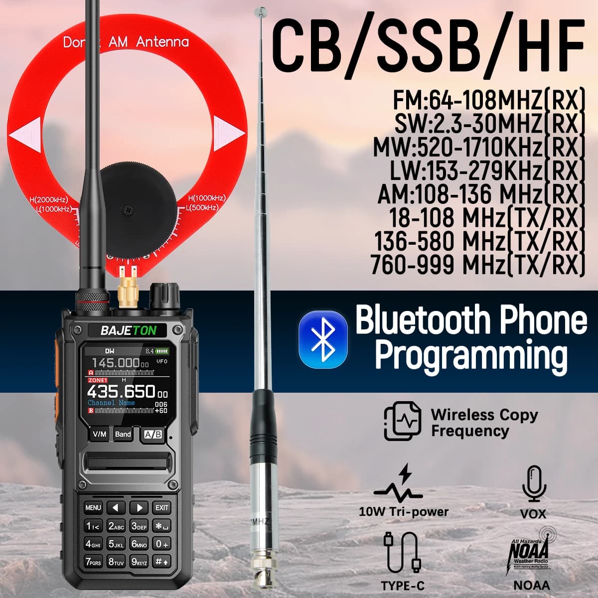 BAJETON BJ-7800 talkie-walkie longue portée SW MW LW AM SSB CB 10W recevoir sans fil Bluetooth programmation téléphonique NOAA Radio
