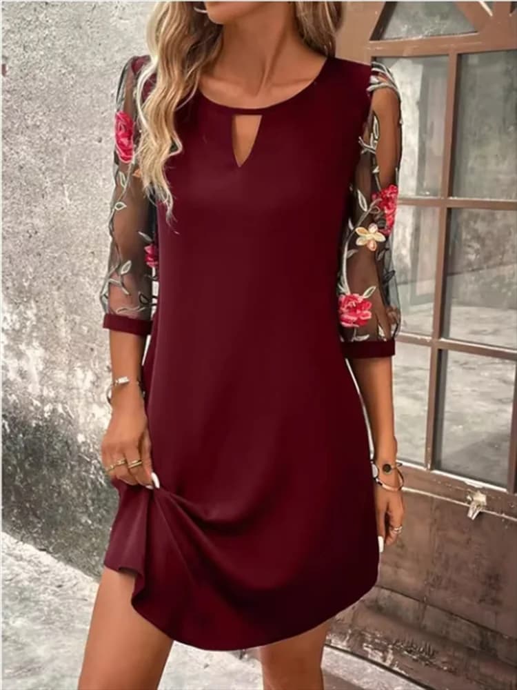 Robe transparente à manches mi-longues pour femmes, robe imprimée florale, robe à col rond, robe de soirée sexy, documents solides, 4