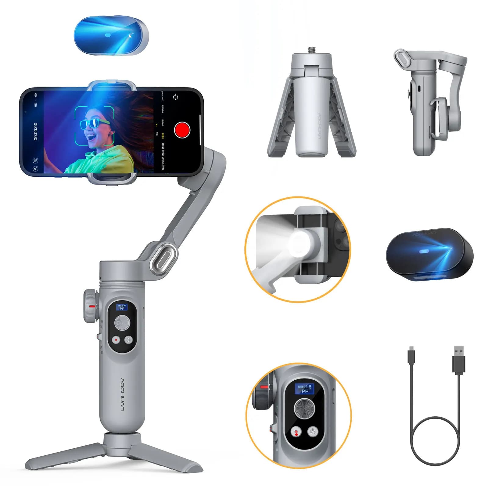 AOCHUAN – stabilisateur de cardan Intelligent XPro Ai gris, pour iphone et Android, stabilisateur de cardan Intelligent à 3 axes, suivi faciale