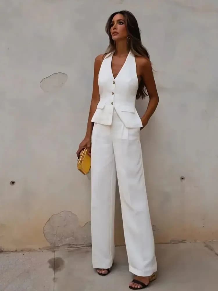 HH femmes mode solide pantalon costume licou simple boutonnage sans manches Blazer gilet haut fermeture éclair mouche pantalon bureau dame ensembles
