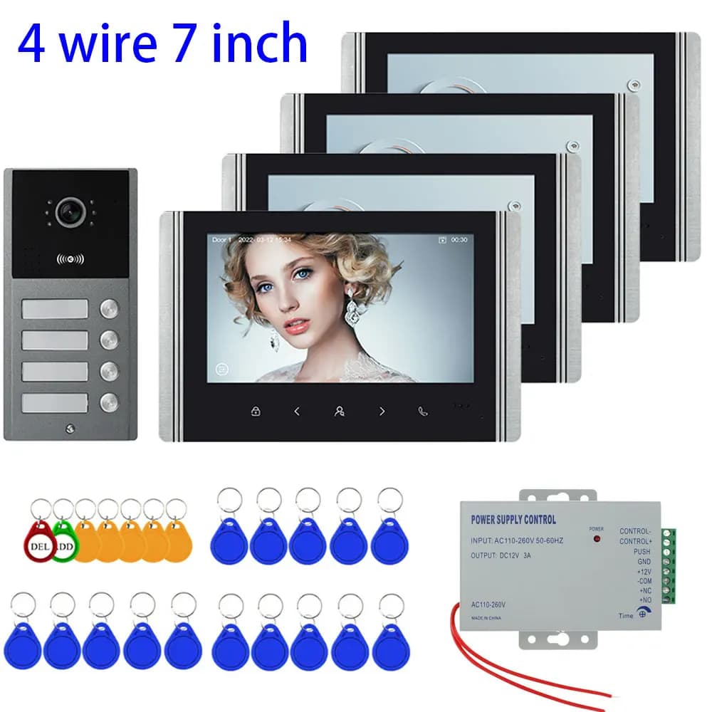 Interphone vidéo pour bâtiment d'appartement, 4 fils, 7 pouces, sonnette de porte, caméra avec 2/3/4 boutons pour système de visiophone familial