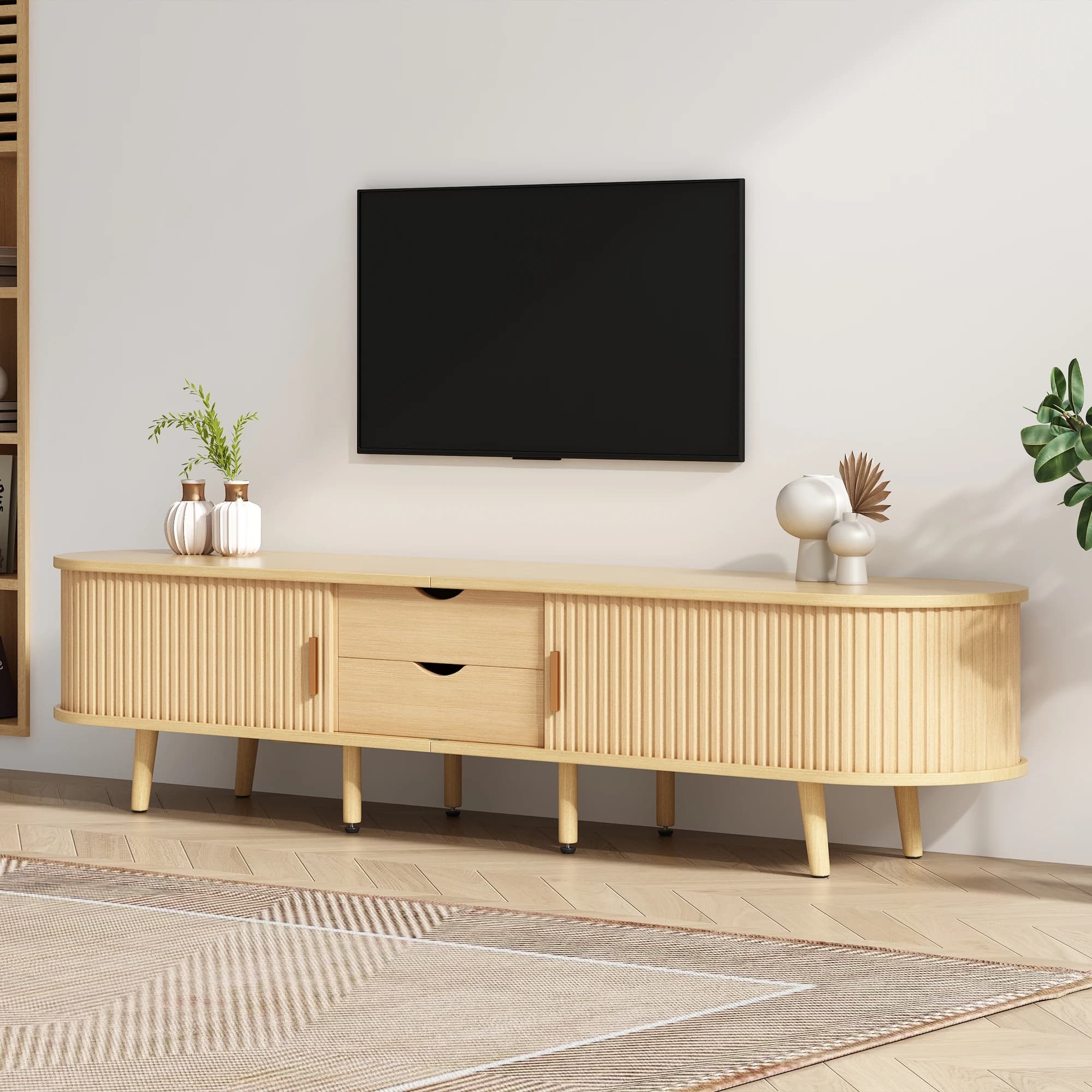 Meuble TV de salon avec plateau rond de rangement, sculpture sur bois MDF, 2 tiroirs, capacité de charge 30KG, taille 175X40X42cm