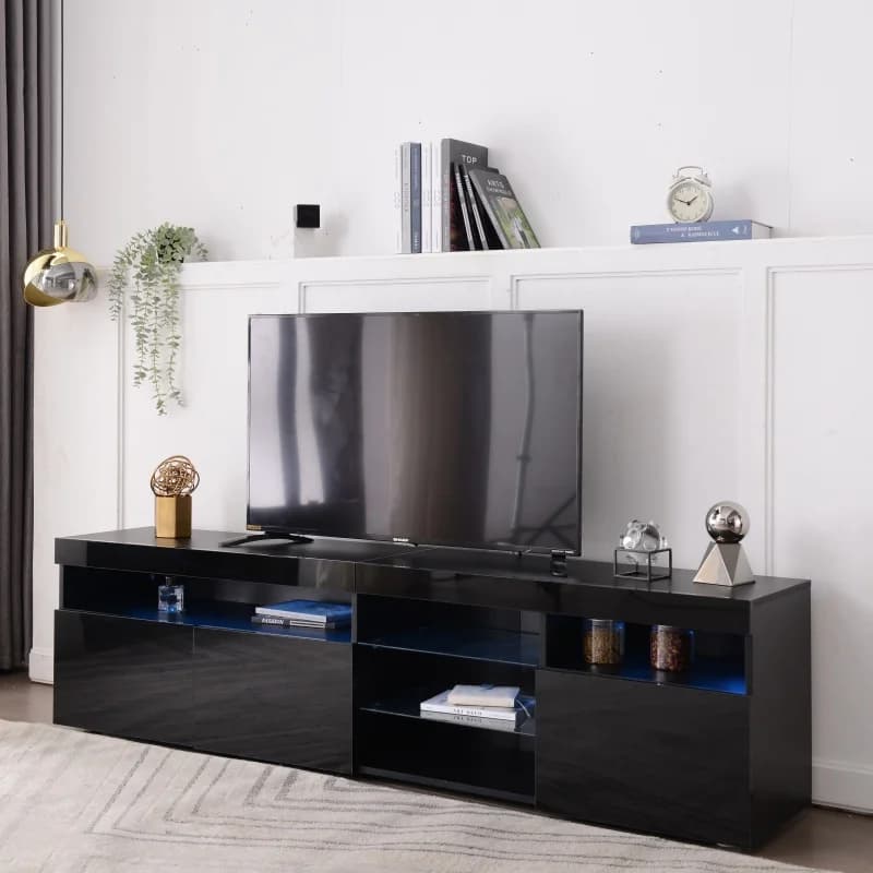 Meuble TV LED 180 Cm, meuble noir moderne pour salon avec tiroirs de rangement, meuble TV haute brillance ﻿