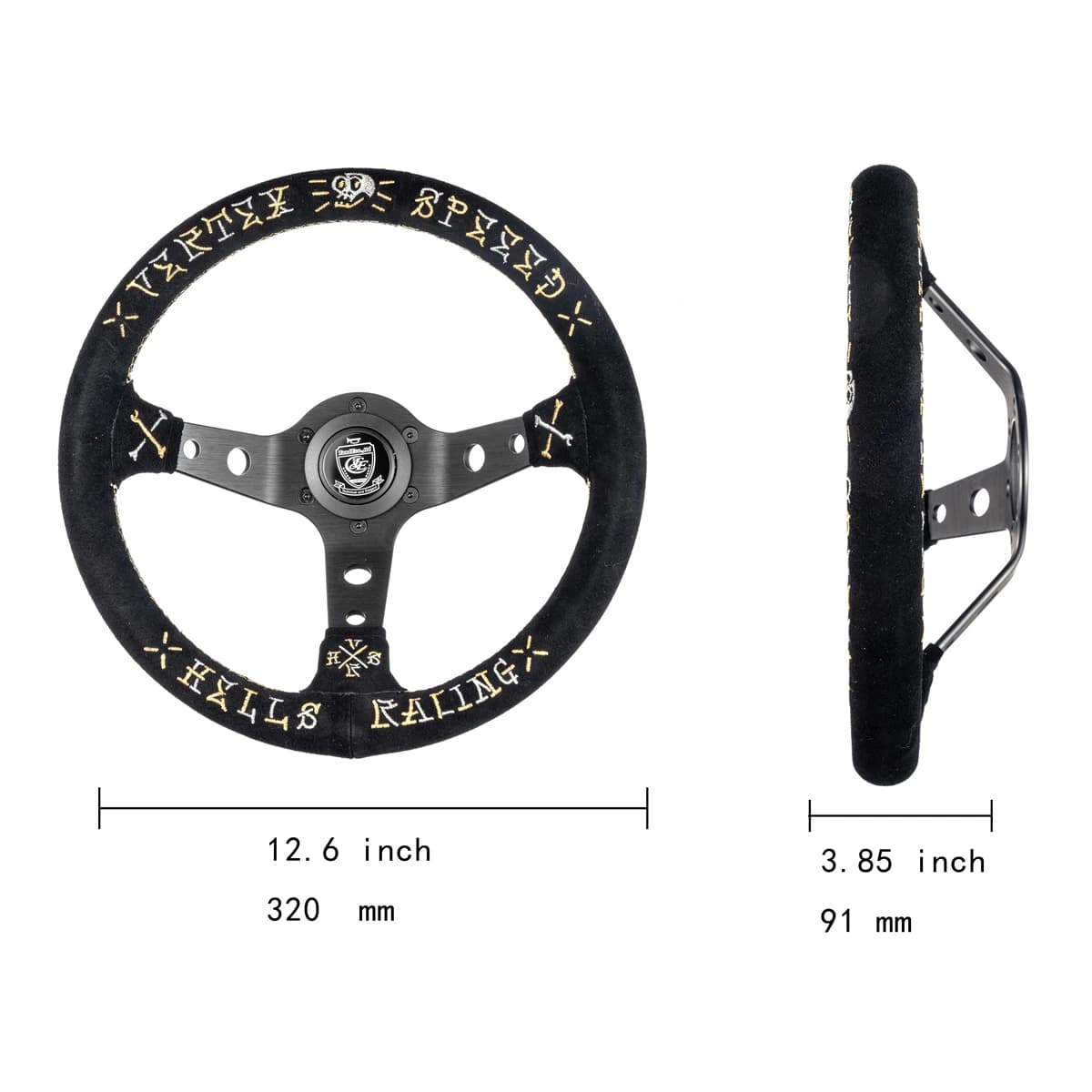 Volant de course Vertex Hills de 320 mm, en suède noir, avec broderie de runes de crâne or et argent, universel, 6 trous, volant de course JDM Drift