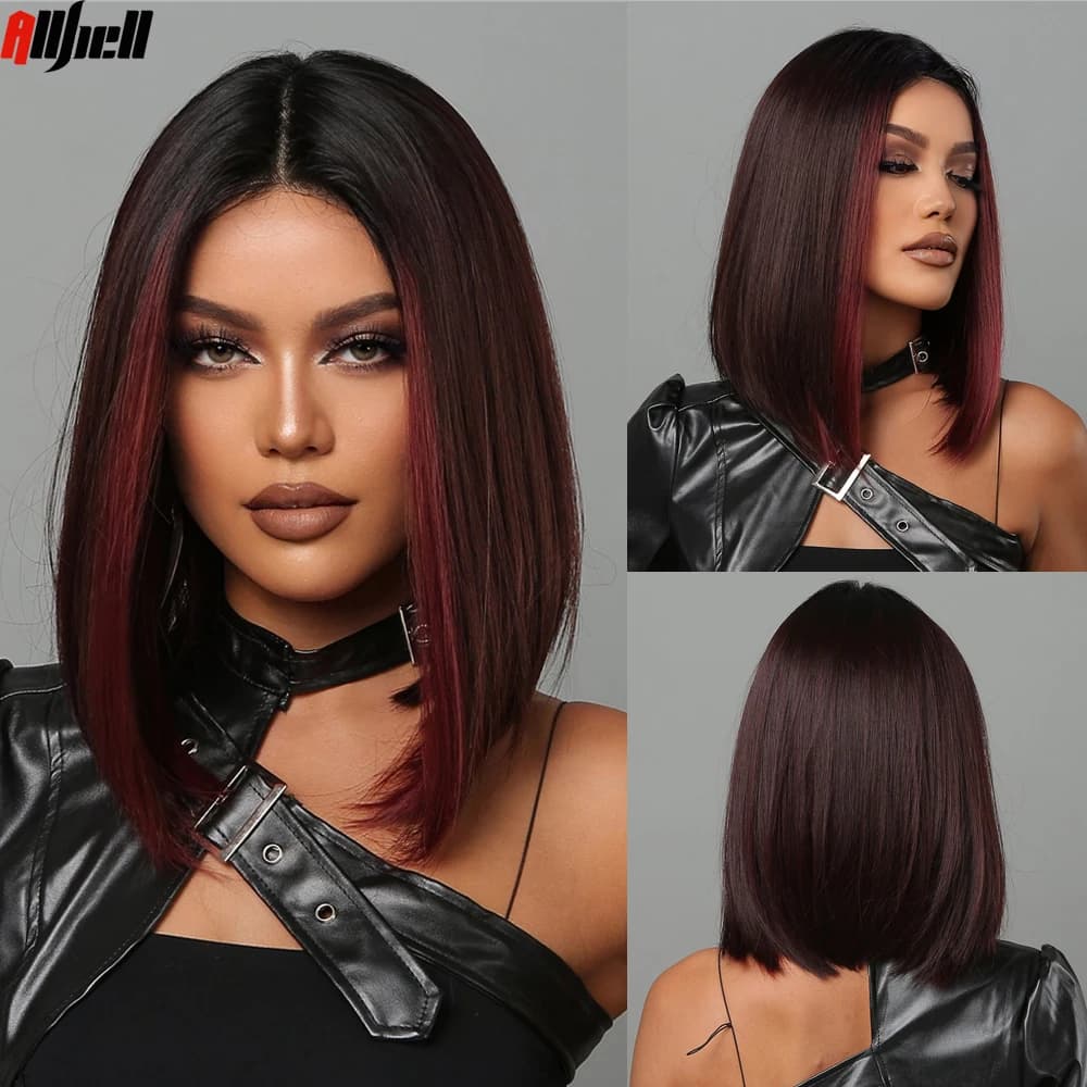 Perruques synthétiques mi-longues marron châtain, perruque lisse avec reflets rouge vin, résistante à la chaleur pour femmes, Cosplay de fête