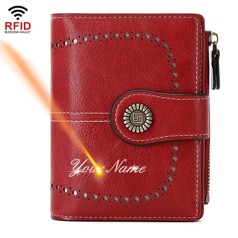 Nouveau portefeuille court RFID pour femme avec gravure de nom, fermeture éclair, porte-monnaie, porte-cartes de qualité, portefeuille féminin