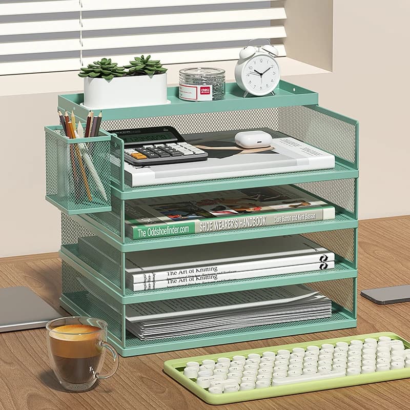 Bureau empilable vert avec porte-stylo pour lettre en papier, plateaux de bureau, support de fichier d'évaluation, accessoires de bureau, 4 niveaux
