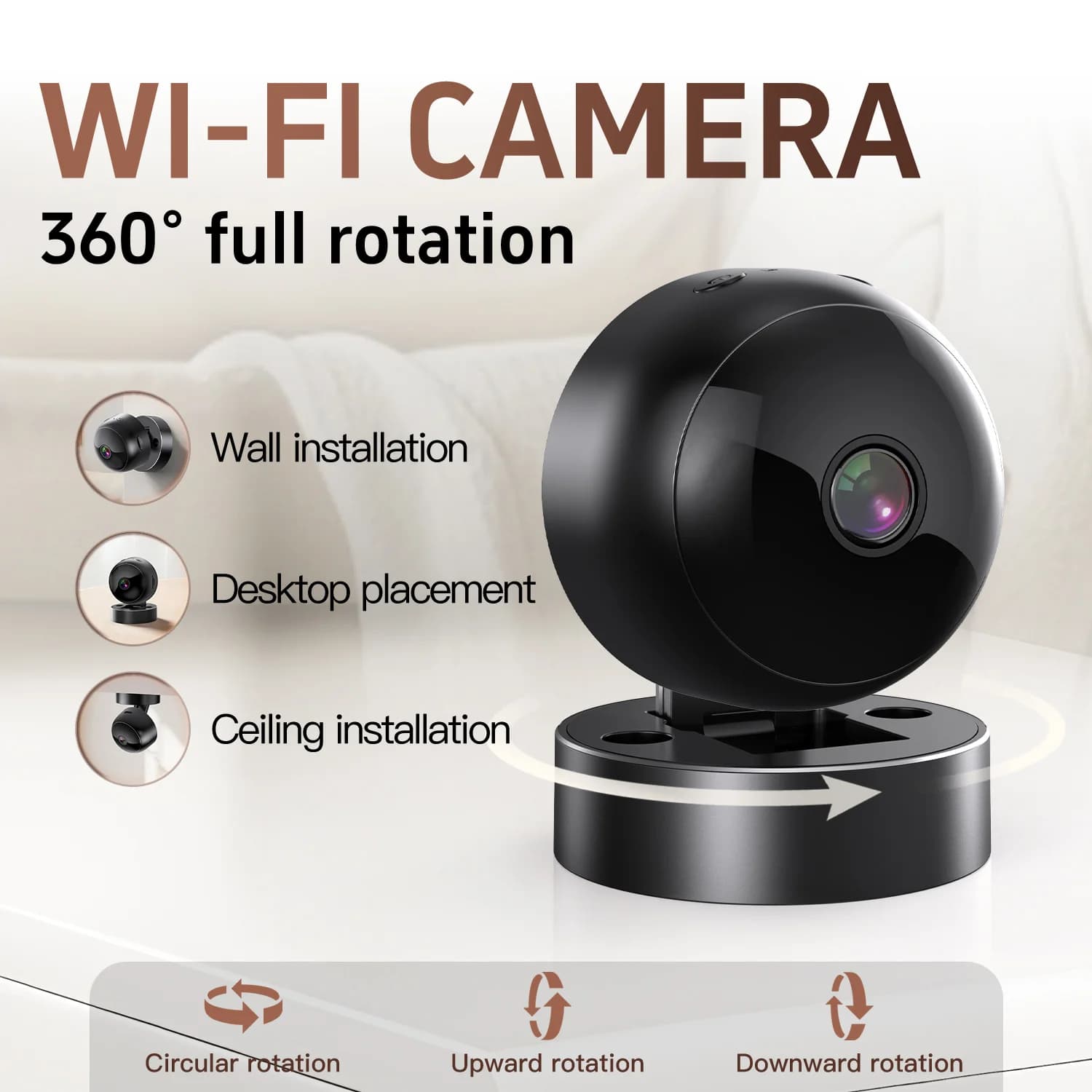 Caméra de sécurité sans fil 360° °   Caméra de surveillance WiFi HD à couverture complète avec détection de mouvement, vision nocturne, pour