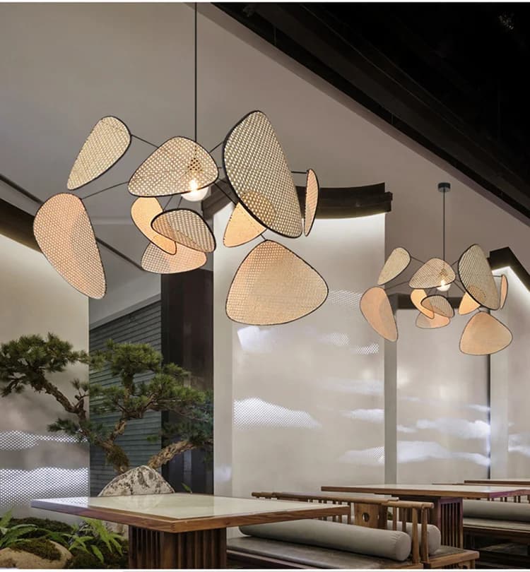 Lustre nordique salon Studio cuisine bois bambou lampe lustres feuille grille Rural fait à la main Imitation rotin lampe