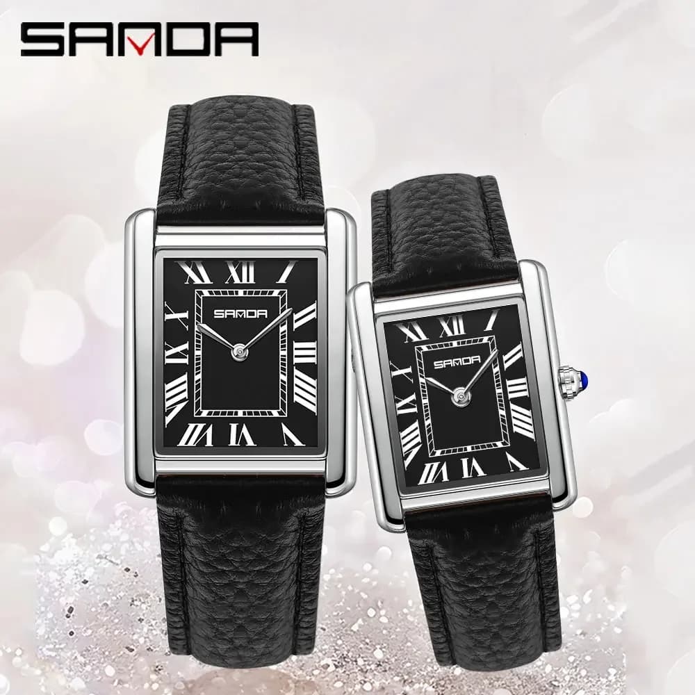 SANDA Couple 30M réservoir étanche montres résistant à l'usure bracelet en cuir de luxe cadran carré sport décontracté femmes hommes montres à