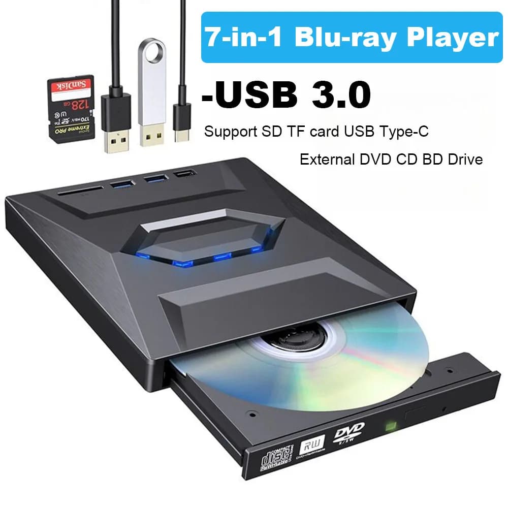 Lecteur Bluray externe USB 3.0 7-en-1 multifonctionnel DVD BD CD graveur Bluray SD TF carte fonction de lecture lecteur pour ordinateur portable
