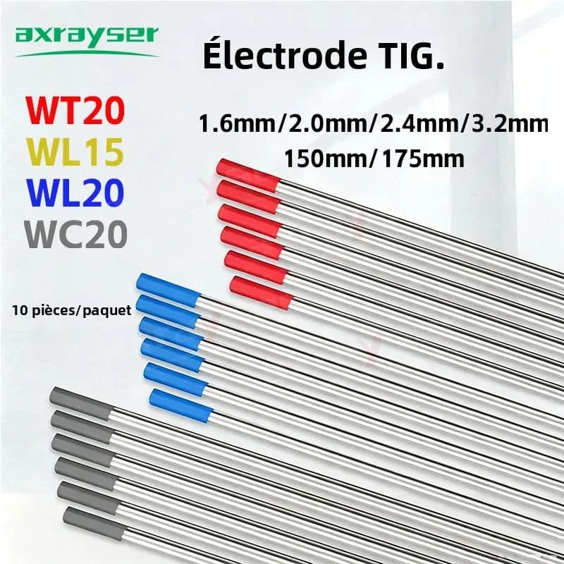 Lot de 10 électrodes TIG WT20 WL15 WL20 WC20, aiguilles d'électrode 1,6 mm 2,4 mm pour soudeuse TIG, torche de soudage TIG