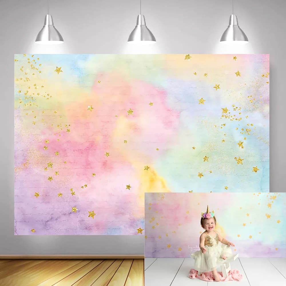 Fond de photo artistique arc-en-ciel pour nouveau-né, toile de fond dorée scintillante, petite étoile rêveuse, toile de fond d'anniversaire douce