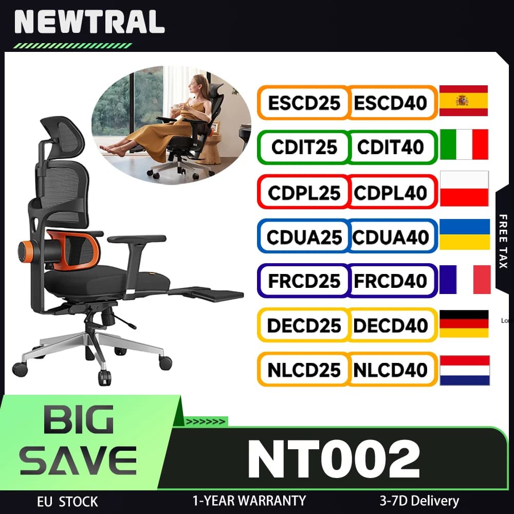 NEWTRAL NT002 Chaise ergonomique avec repose-pieds, support inférieur arrière adaptatif, appui-tête de dossier à enchexion automatique, qualité