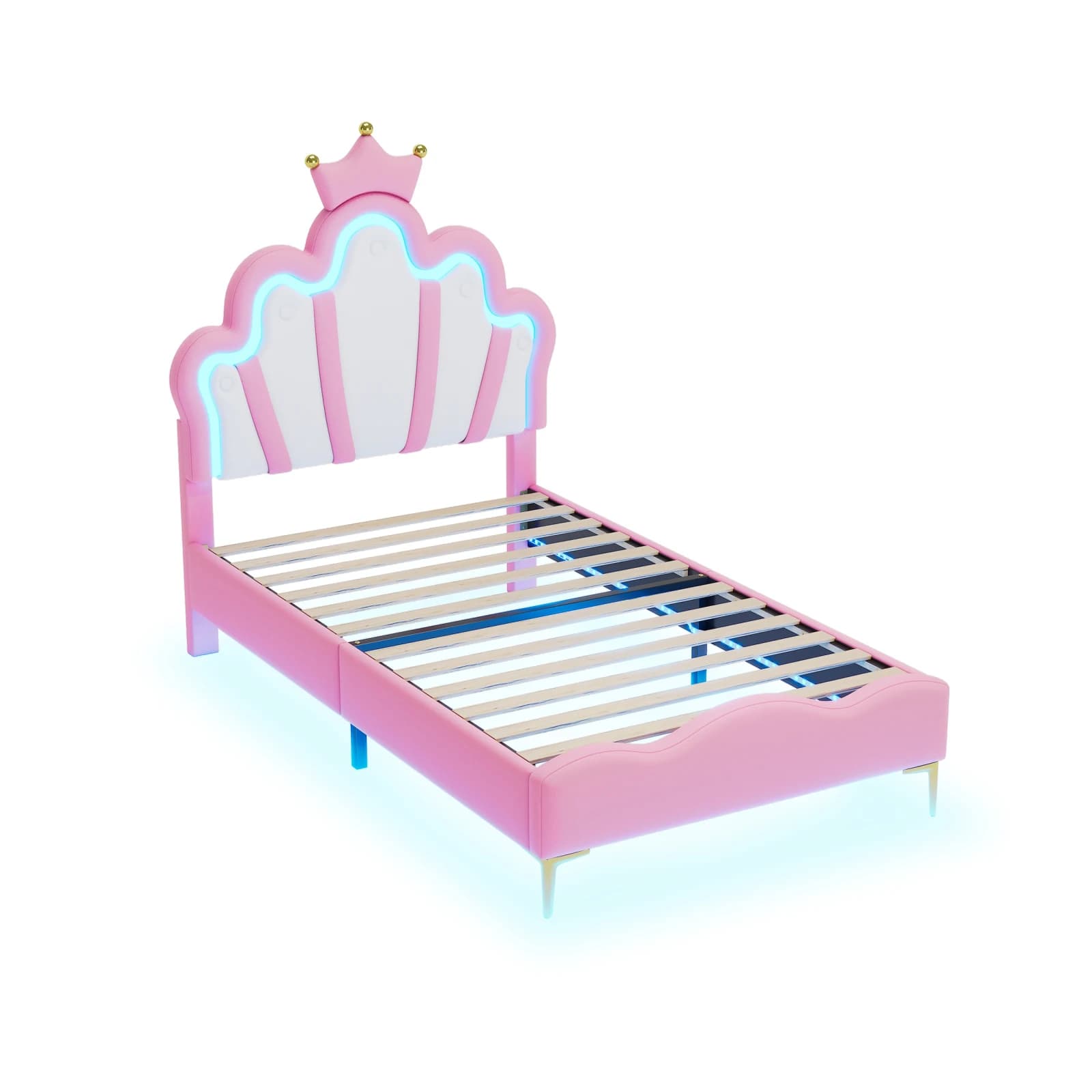 Lit pour enfants Superaly 90x200cm, lit de princesse avec tête de lit en forme de couronne, avec éclairage LED et sommier à lattes, cadre de lit