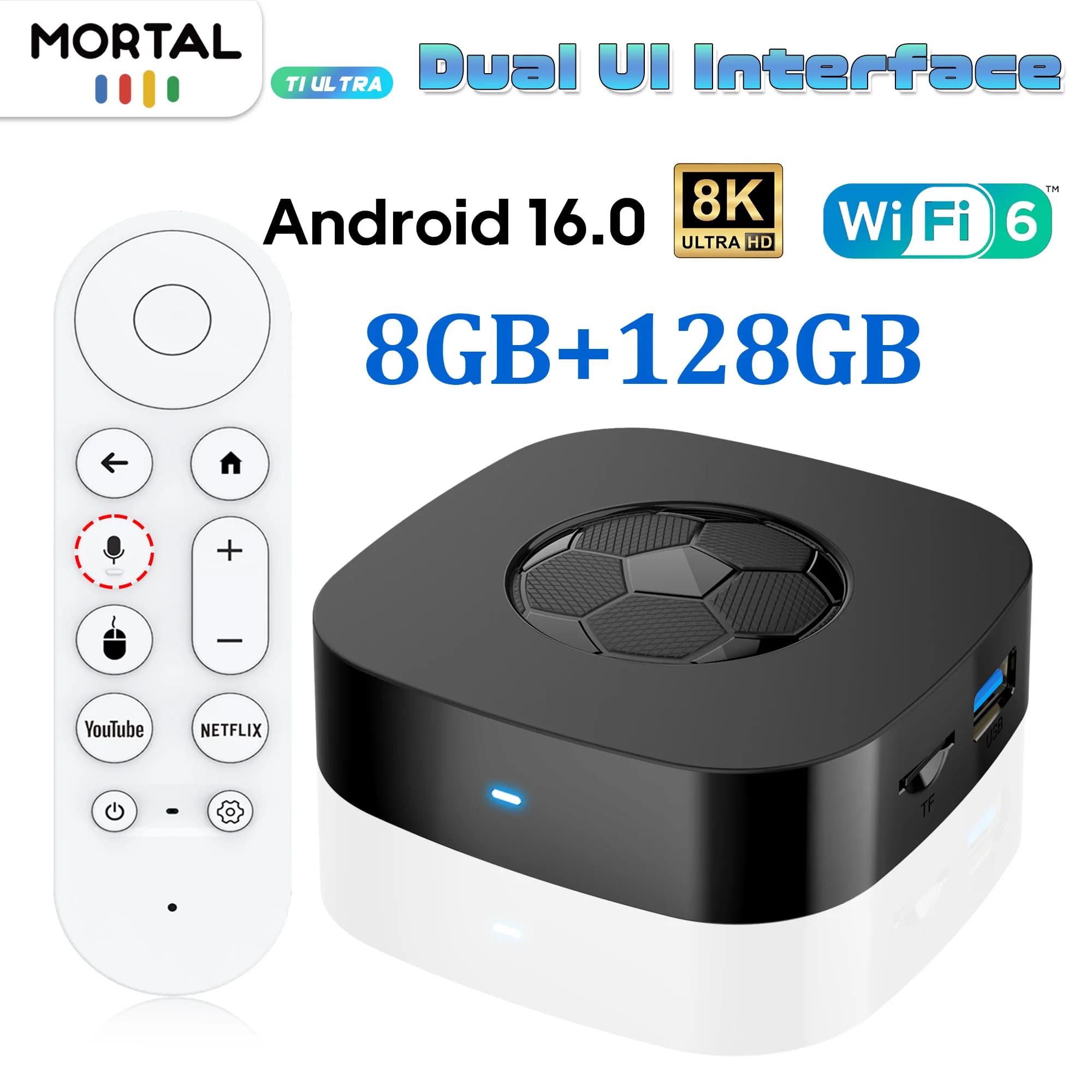 Nouvelle box TV intelligente 8K Ultra HD prenant en charge Wi-Fi 6, Android 16, Netflix et YouTube, fonctionnement fluide, télécommande vocale, T1
