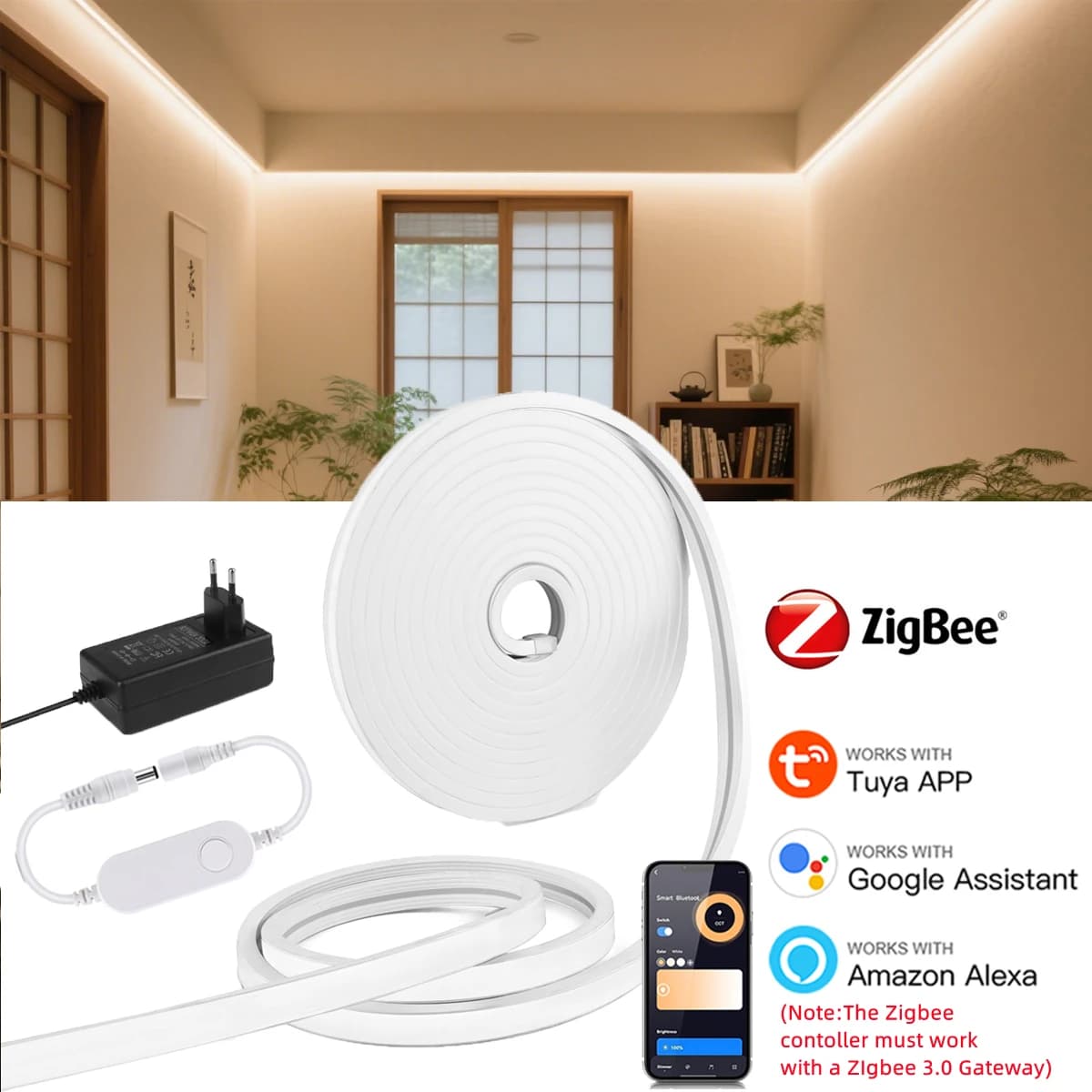 Tuya Zigbee – bande LED néon 24V, 1m-10m, étanche, variable, lampe intelligente, décoration de maison, application vocale, commande vocale pour