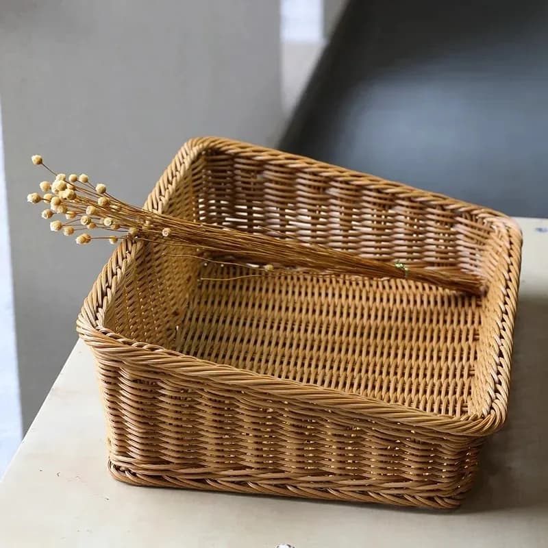 Plateau de service rectangulaire en rotin, panier tissé en osier, plateau de salle de bain, paniers à pain tissés avec poignées, panier de
