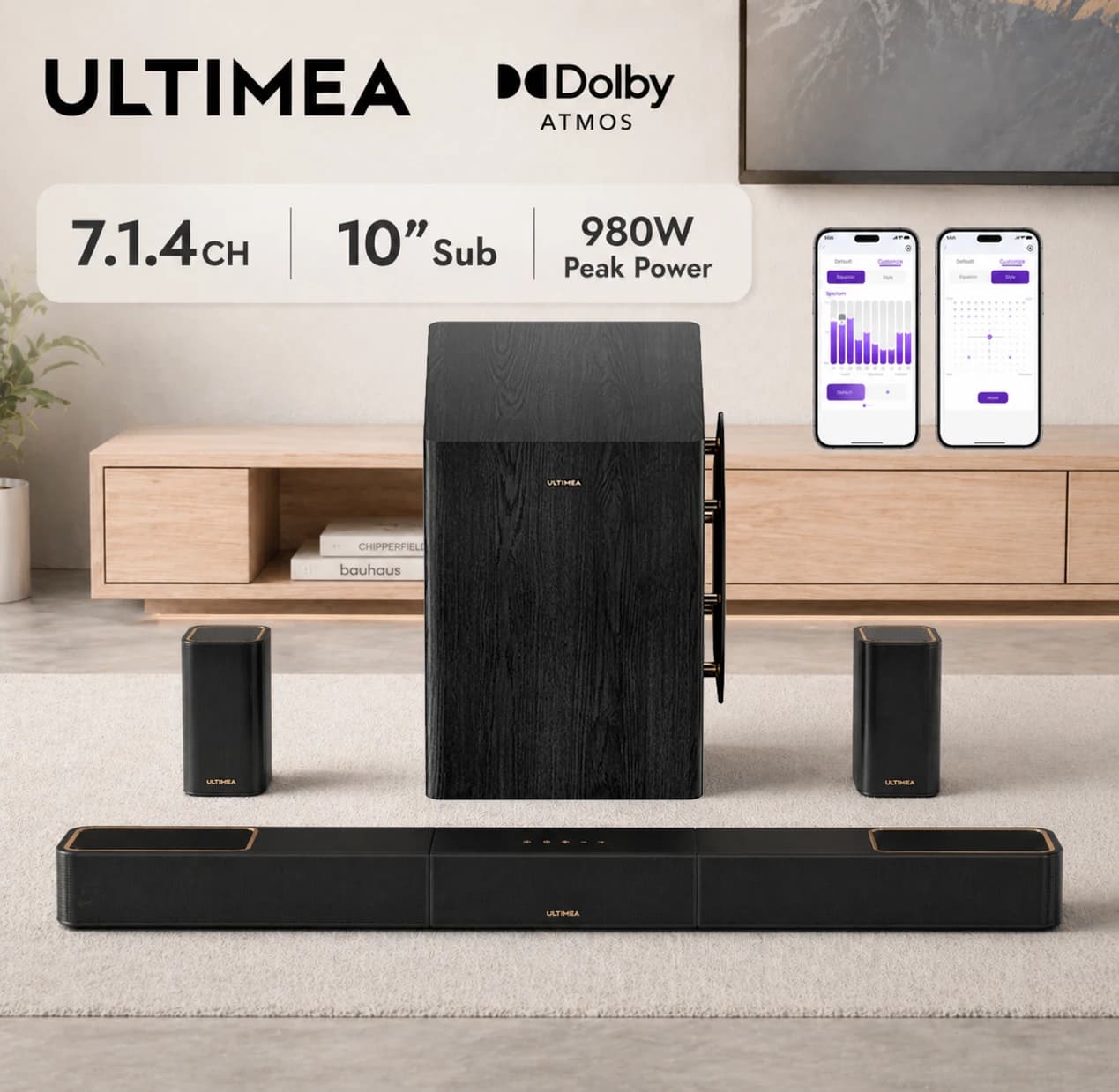 Système audio ULTIMEA 7.1.4 canaux, barre de son, Dolby Atmos et contrôle par application, système de son surround avec caisson de basses et 2
