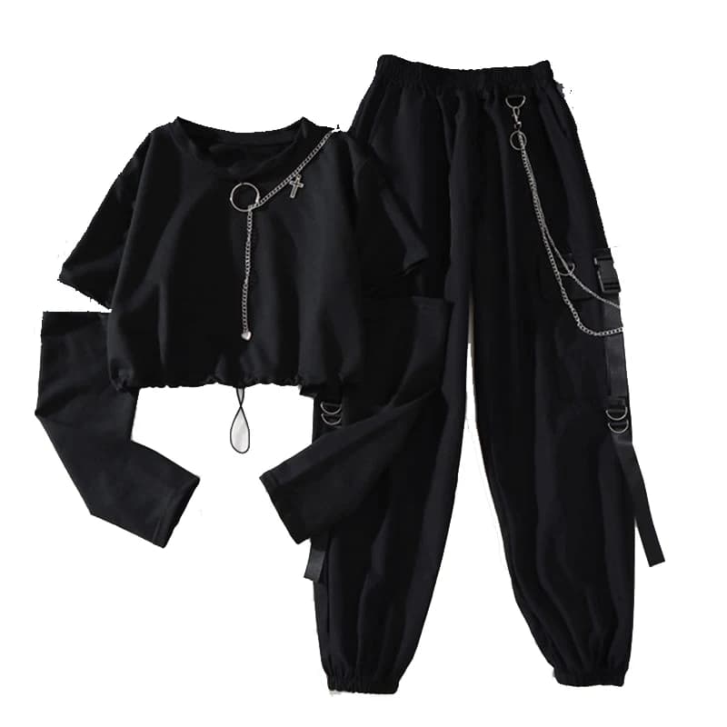Pantalon Cargo Harajuku pour femmes, beau costume deux pièces Cool avec chaîne, manches longues + pantalon à ruban, printemps automne