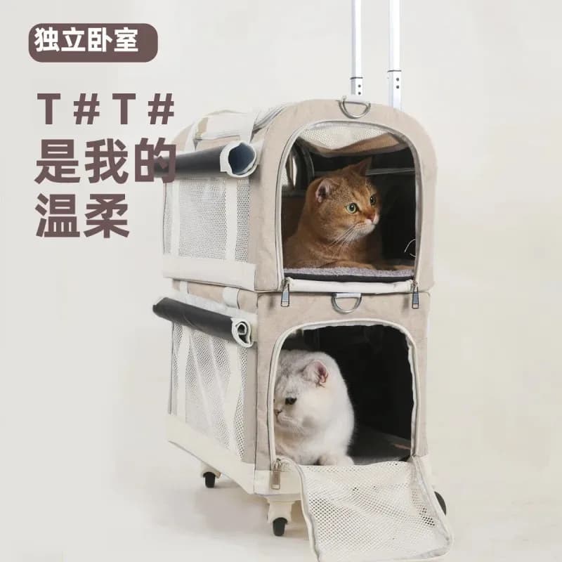 Chariot de transport pour animaux de compagnie à deux étages portable pour chats et chiens, grand espace ventilé, pliable, respirant, chariot pour