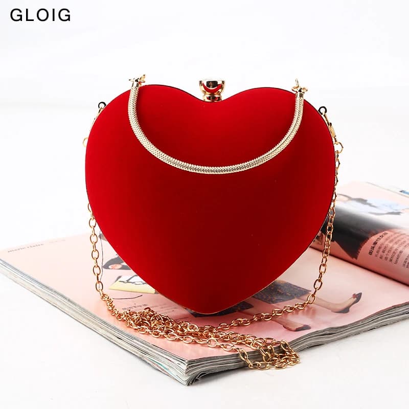 Sac à main en velours doré pour femme, petit sac à main, pochette, diamants, rouge, cœur, fête, mariage, soirée
