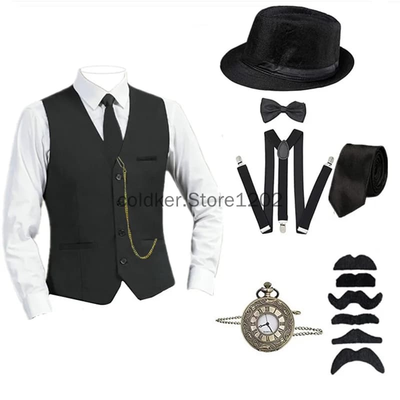 Ensemble de 8 pièces pour homme, accessoires style Gatsby des années 1920, costume de gangster rétro, cravate, chapeau, gilet noir, ensemble gilet