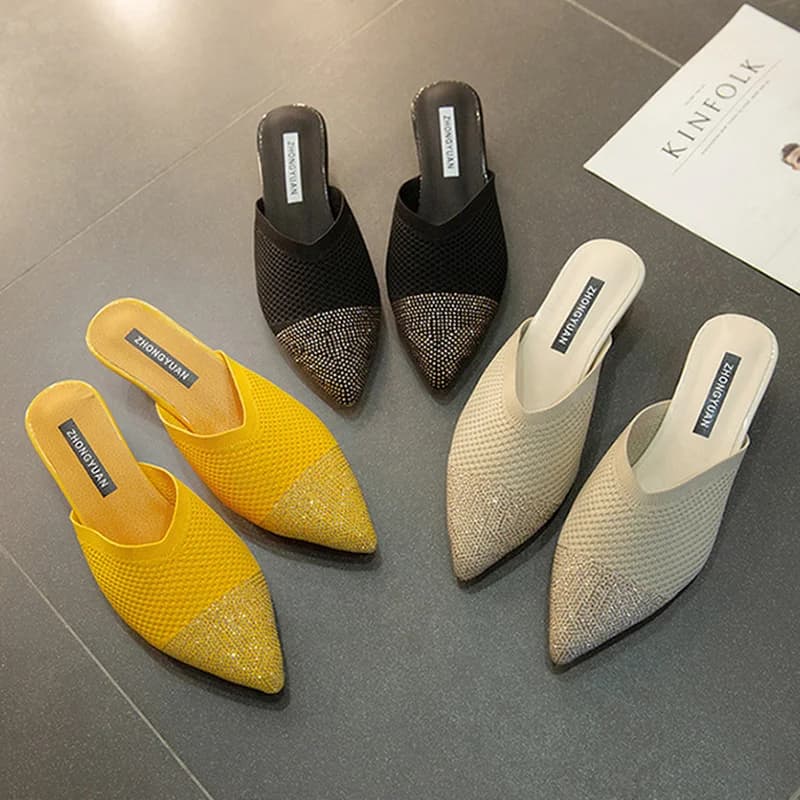 Mules élégantes à talons moyens pour femmes, chaussures de styliste avec strass, pantoufles de fête de luxe, nouvelles sandales d'été 2025,