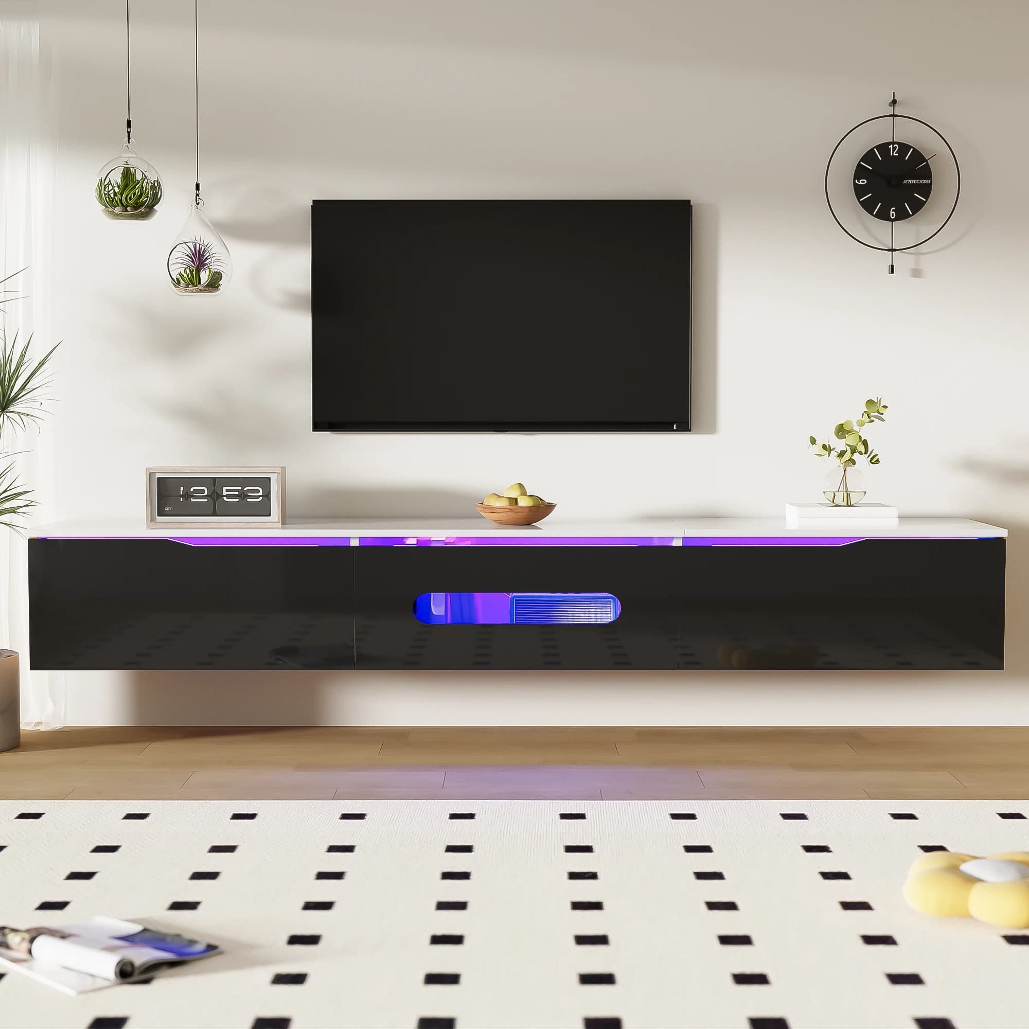 Meuble TV noir-blanc brillant 180x35x30cm avec éclairage LED 16 couleurs, organisateur de rangement mural pour salon PINGGO