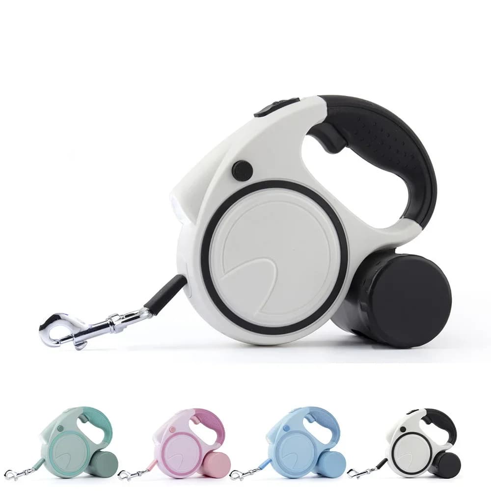 Laisse rétractable pour chien avec distributeur de sac à merde LED, laisse réfléchissante de 16 pieds pour chien, chiot de marche, tracteur