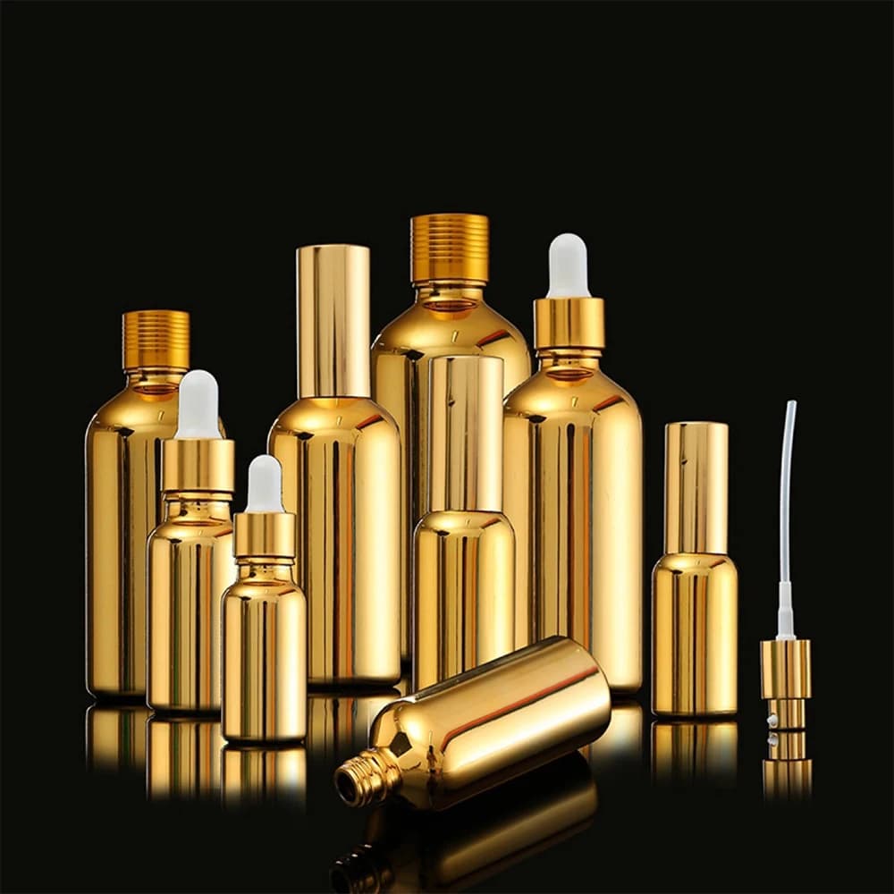 Bouteille d'huile Fine de galvanoplastie dorée de 5ml à 100ml, bouteille d'échantillon, compte-gouttes à tête de colle, bouteille vide de