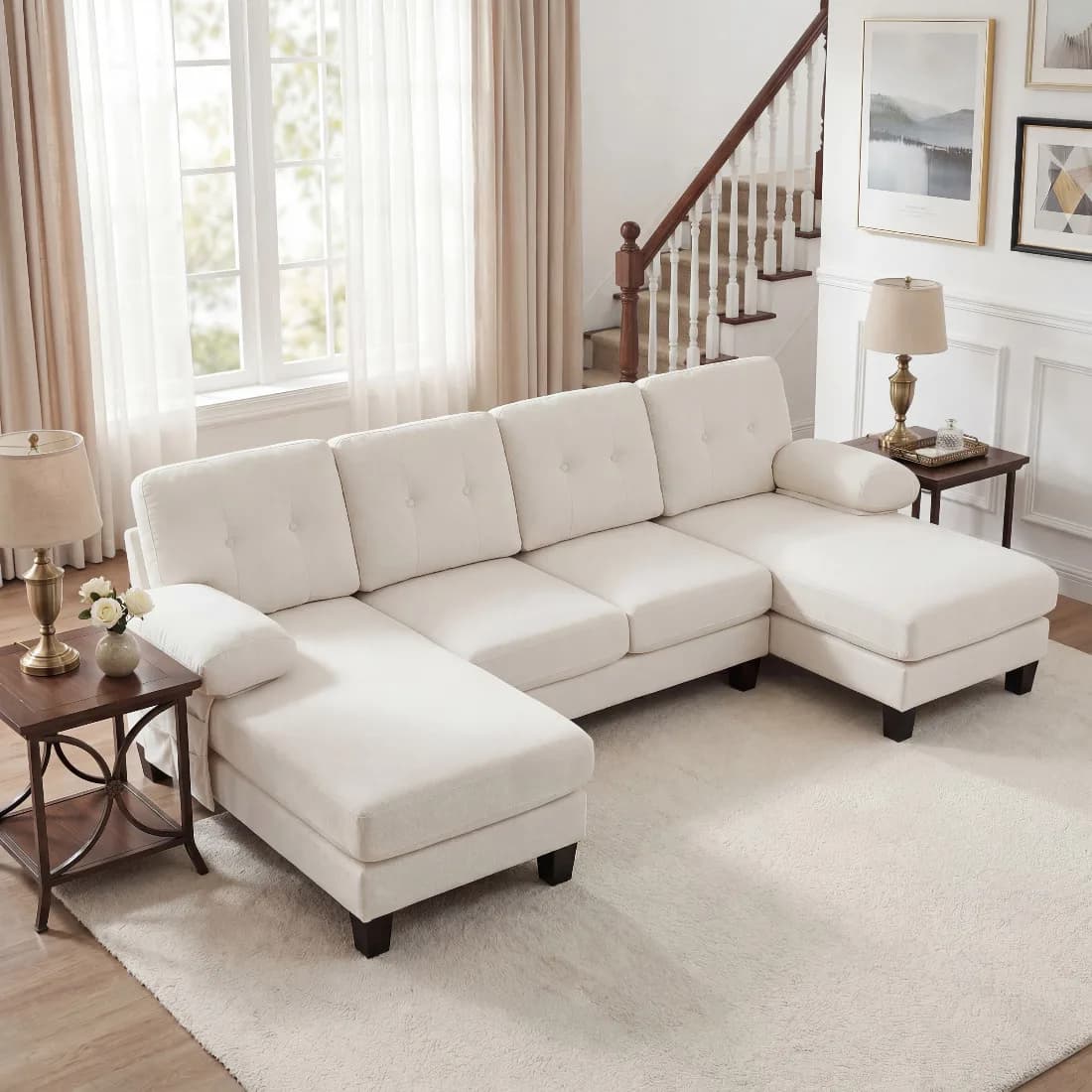 Canapé en chenille beige en forme de U pour 4 personnes avec chaise longue – Canapé-lit moderne rembourré avec dossier réglable – Canapé