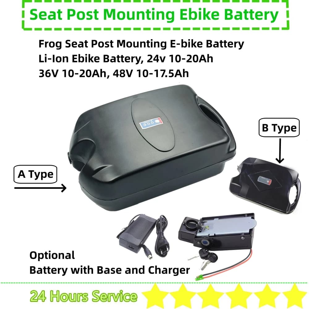 Batterie Frog Ebike avec chargeur, 24V, 10Ah, 15Ah, 36V, 10Ah, 13Ah, 15Ah, 20Ah, 48V, 10Ah, 13Ah, 17,5 Ah, X-Treme, Vélo pliant
