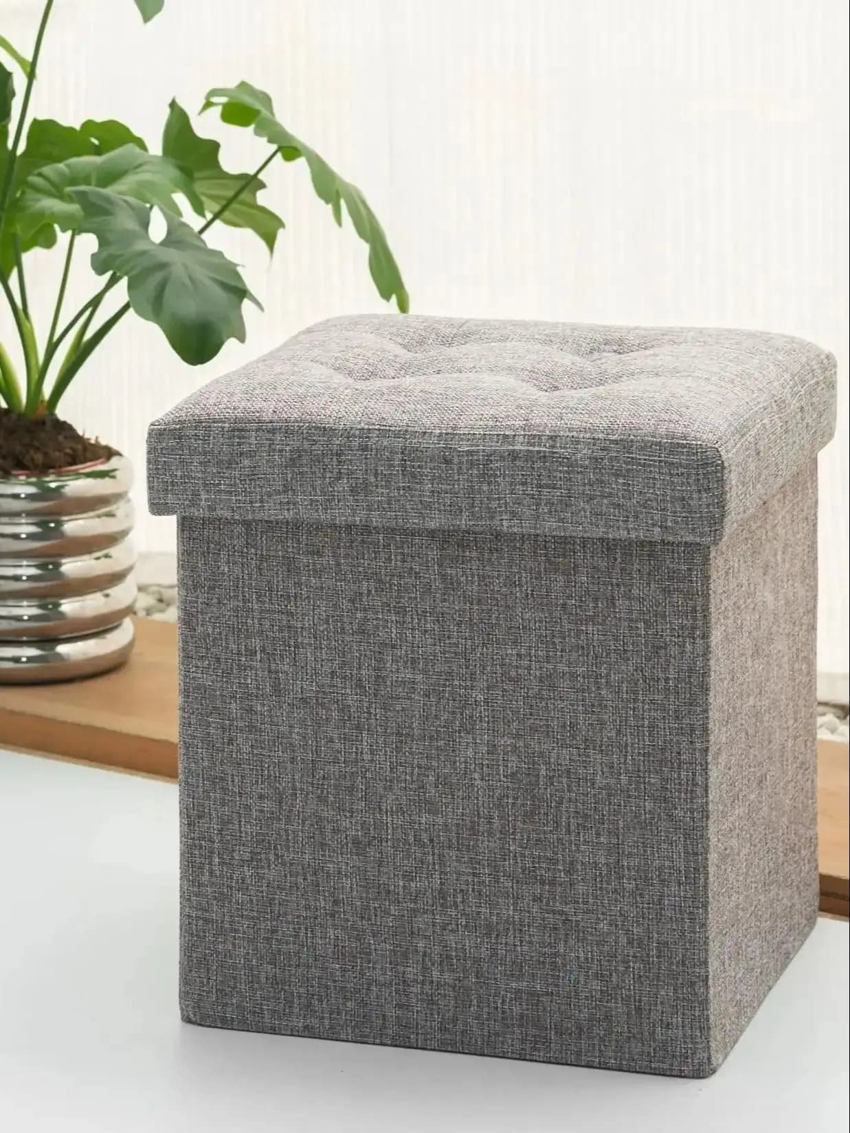 Oak & Tea Tabouret assise pliant avec espace de rangement et rembourrage souple, boîte de rangement 30x30x30cm marron gris