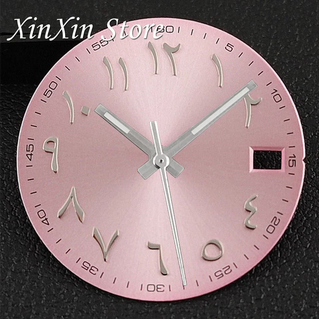 Cadran de montre rose couleur or rose, style Sunburst, chiffres arabes, 28,5 mm, avec aiguilles pour mouvements NH35, NH36, 4R, 7S.