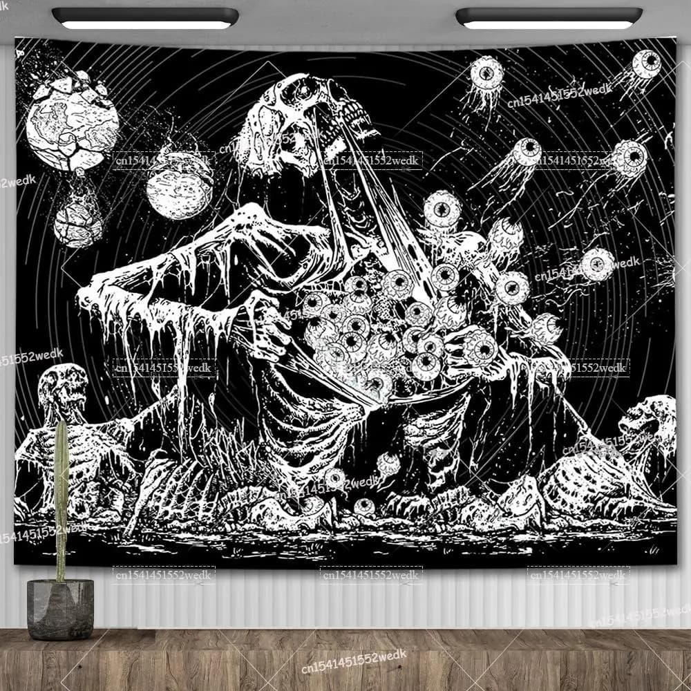Tapisserie murale en forme de crâne et d'œil maléfique pour la maison, noir et blanc, pour la décoration du salon