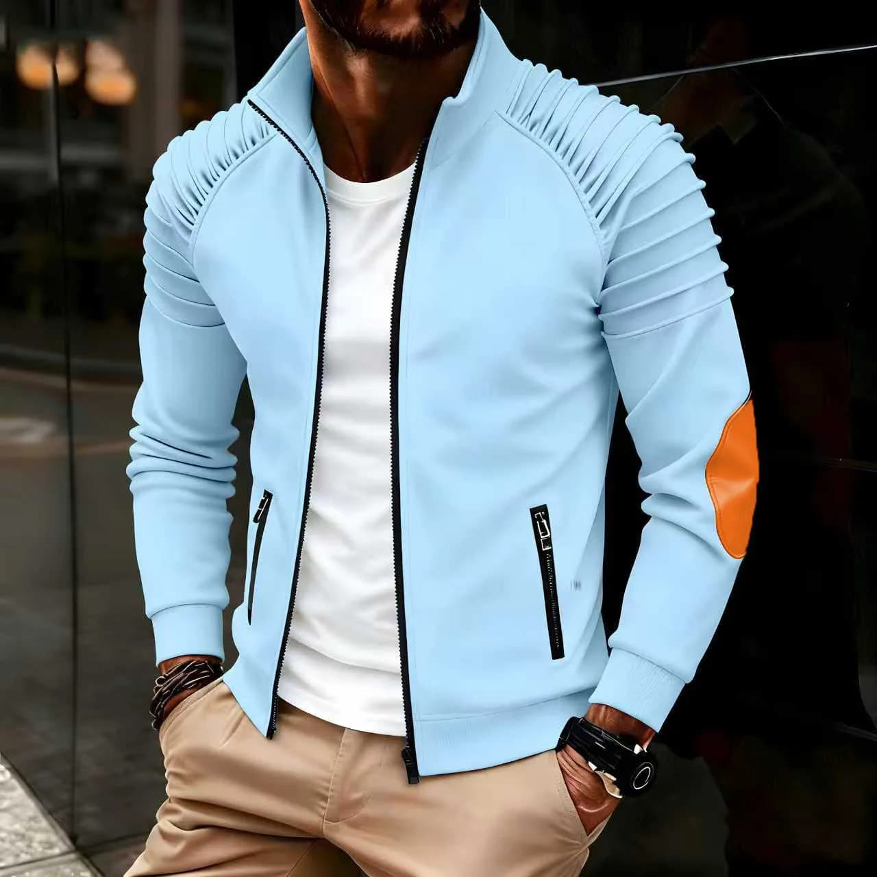 Veste homme avec fermeture éclair sur le devant, manches plissées, col montant décontracté, manches longues, adaptée aux hauts d'automne et