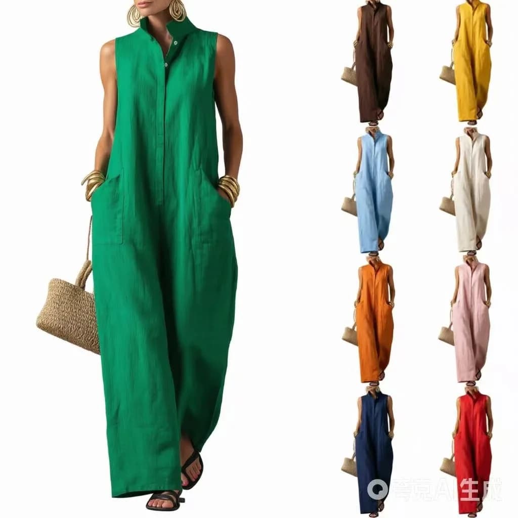 Combinaison d'été sans manches pour femme, boutonnée, col montant, coupe ample, pantalon large, avec poches