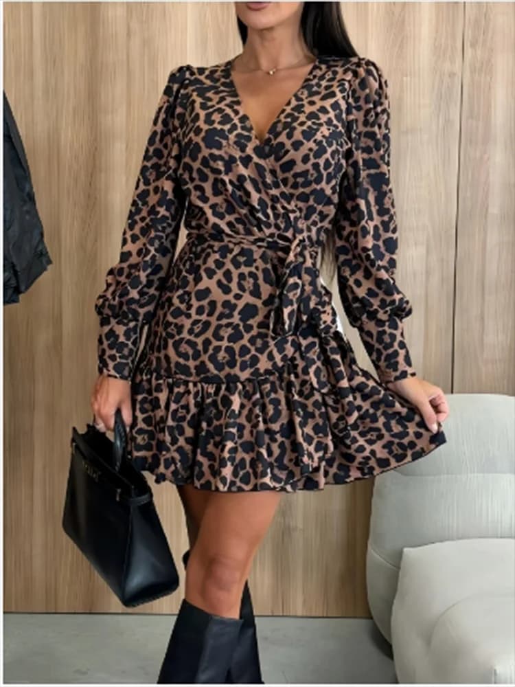 Robes imprimées léopard pour femmes, col en v, à lacets, manches longues, Sexy, élégante, pour rencontres, Mini robe d'automne