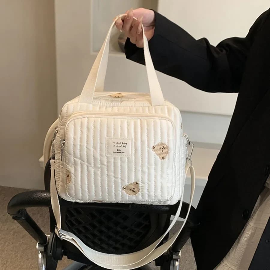 Sac à couches en coton avec fermeture éclair pour maman, ours mignon, sac à main pour femmes, caddie à couches, organisateur, sac à bagages de